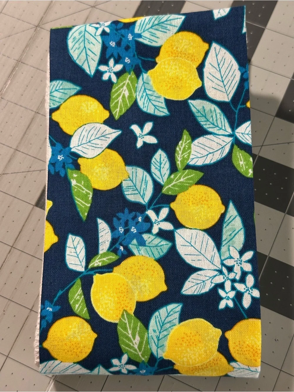 Hand Crafted Navy Lemon Print Kitchen Scarf with White Towel Ends